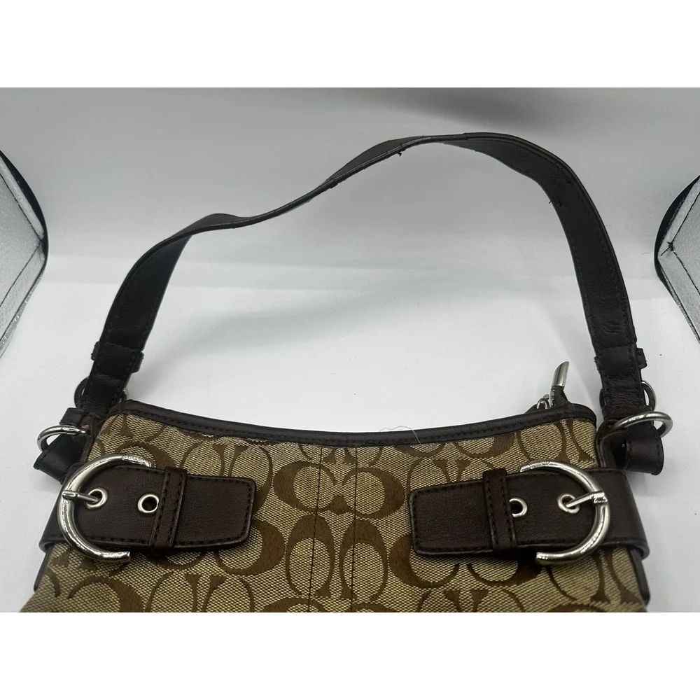 Coach Signature Soho Hobo Shoulder Bag Brown Khaki Canvas Leather Buckle Trim 14